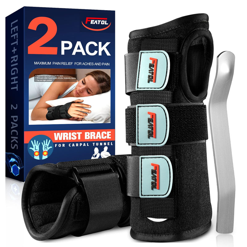 FEATOL Carpal Tunnel Wrist Brace Night Support 2 Pack - Wrist Splint for Pain Relief Tendonitis, Sprained, Arthritis - Metal Splint Stabilizer With Hand Brace -FOR Sleeping Women Men -Right&Left(S/M) Small/Medium (Pack of 1) 2 Pack (R and L)-Black