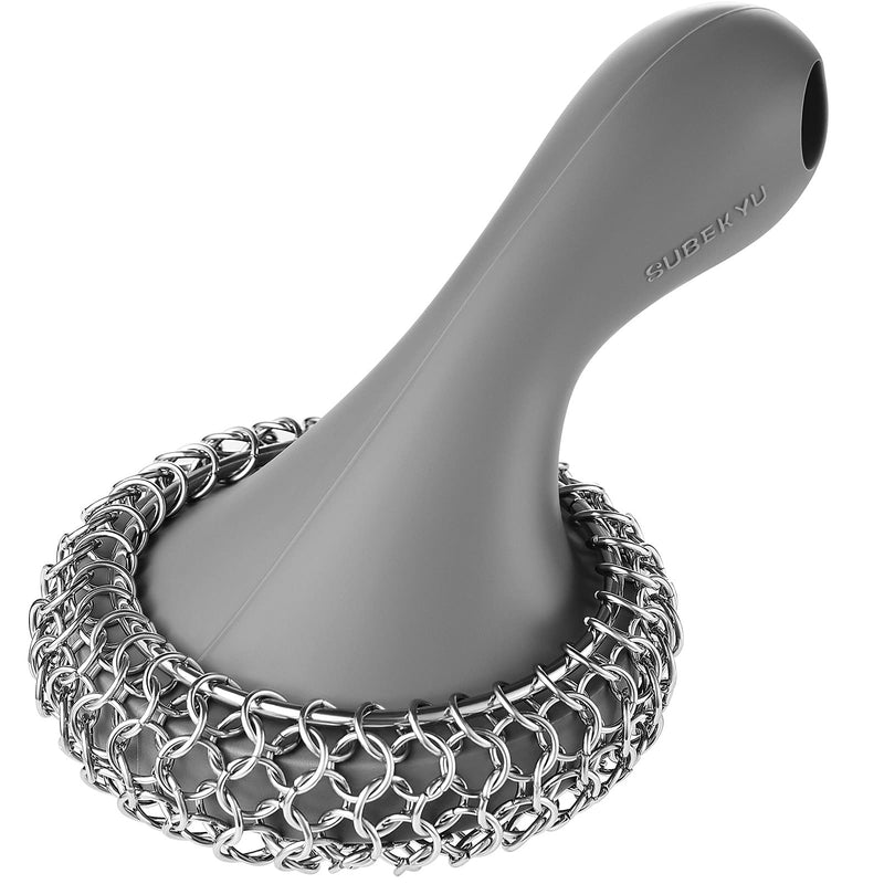 [Australia] - SUBEKYU Cast Iron Scrubber with Silicone Handle, Stainless Steel Cast Iron Skillet Cleaner Chainmail Scrubber for Cast Iron Pans, Grey Gray 