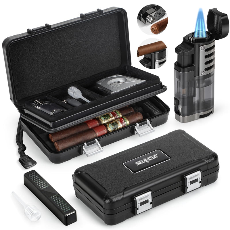 [Australia] - Cigar Humidor, Portable Travel Cigar Box, Double Cigar Humidor with Separate Storage for Cigar Accessories, Cigar Travel Case with Cigar Lighter(No Butane), Holds 5 Cigars (Black) Black 