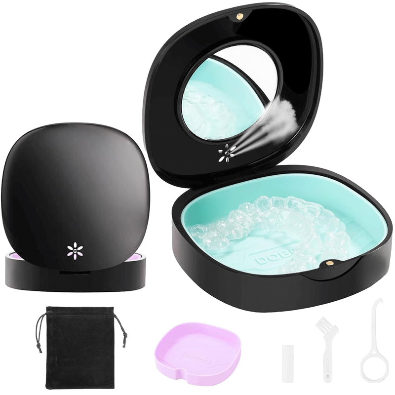 [Australia] - Doboli Retainer Case, Slim Aligner Case with Vent Holes, Compatible with Invisalign, Mouth Guard Case, Cute Retainer Case with Retainer Removal Tool and Brush, Travel Essentials Black 