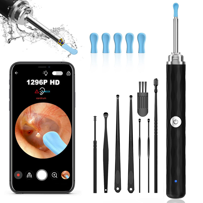 [Australia] - Ear Wax Removal, Ear Cleaner with Camera and Light, Ear Wax Removal Kit with 1296P Otoscope, Ear Cleaning Tool with 6 Ear Spoon, Ear Camera for iPhone & Android Phones,Black Black 