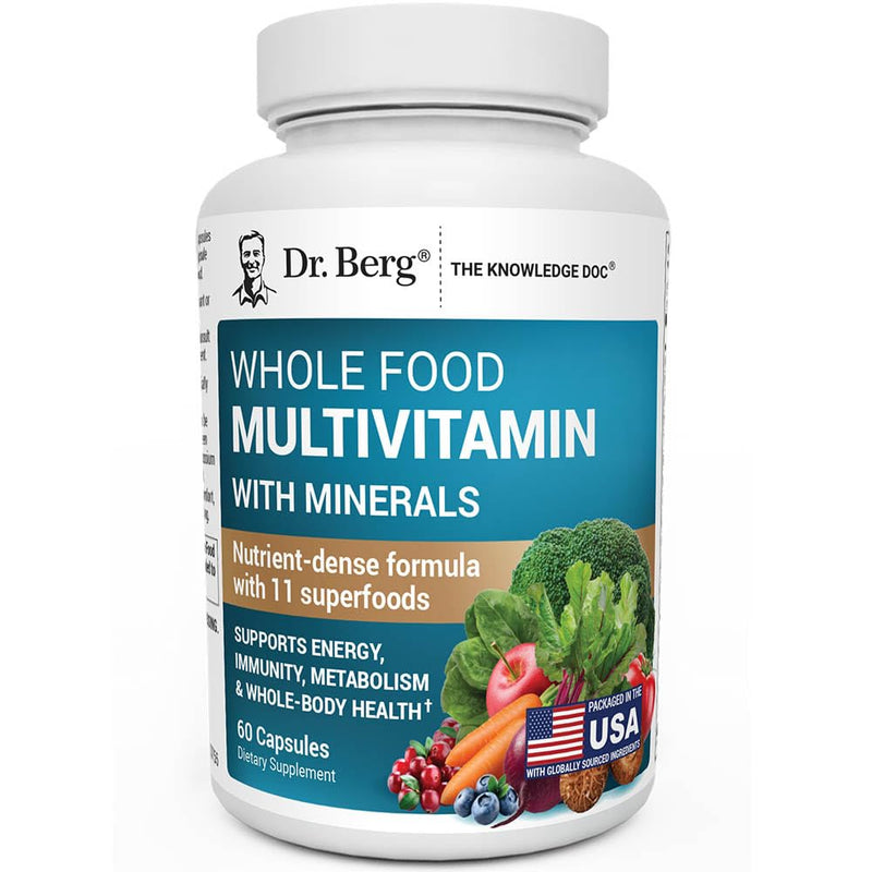 Dr. Berg Whole Food Multivitamin with Minerals - Daily Multivitamin for Men and Women - Includes Premium Whole Food Fruits and Vegetable Blend with Folate, Alpha-lipoic Acid and More - 60 Capsules Multivitamin & Mineral Support