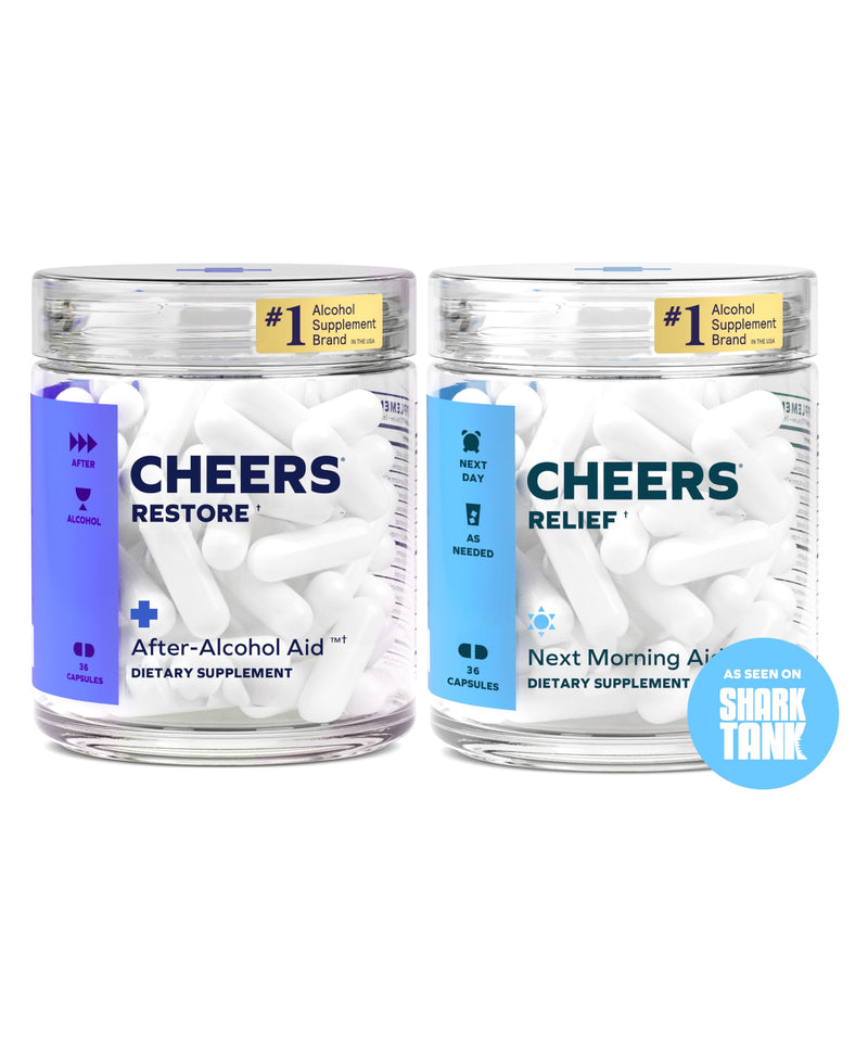 [Australia] - Cheers R&R Combo | Restore + Relief | Feel Better After Drinking & Support Your Liver | DHM, L-Cysteine, Milk Thistle, Ginger, White Willow Bark, Caffeine, L-Theanine | 12 Doses Each | Supplements 1 