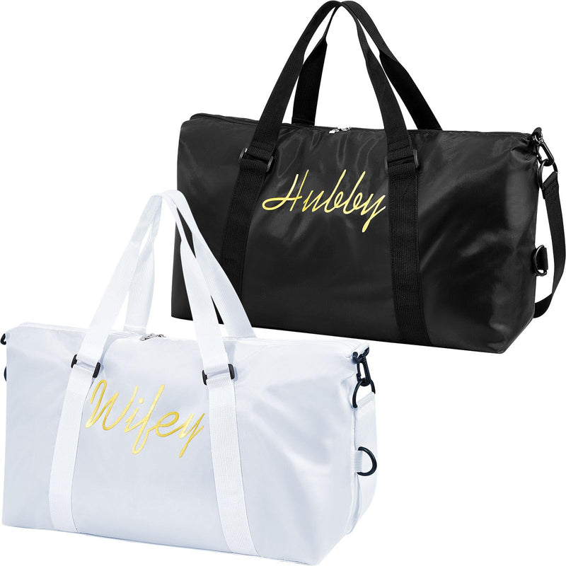 Sanwuta 2 Pcs Mr Mrs Duffel Bag Set Honeymoon Weekender,Wifey Hubby | Wedding Gift for Bride Groom, Embroidered Couple Travel Bags, Adjustable Strap, Water Resistant, Bridal Shower Gift Wifey Hubby