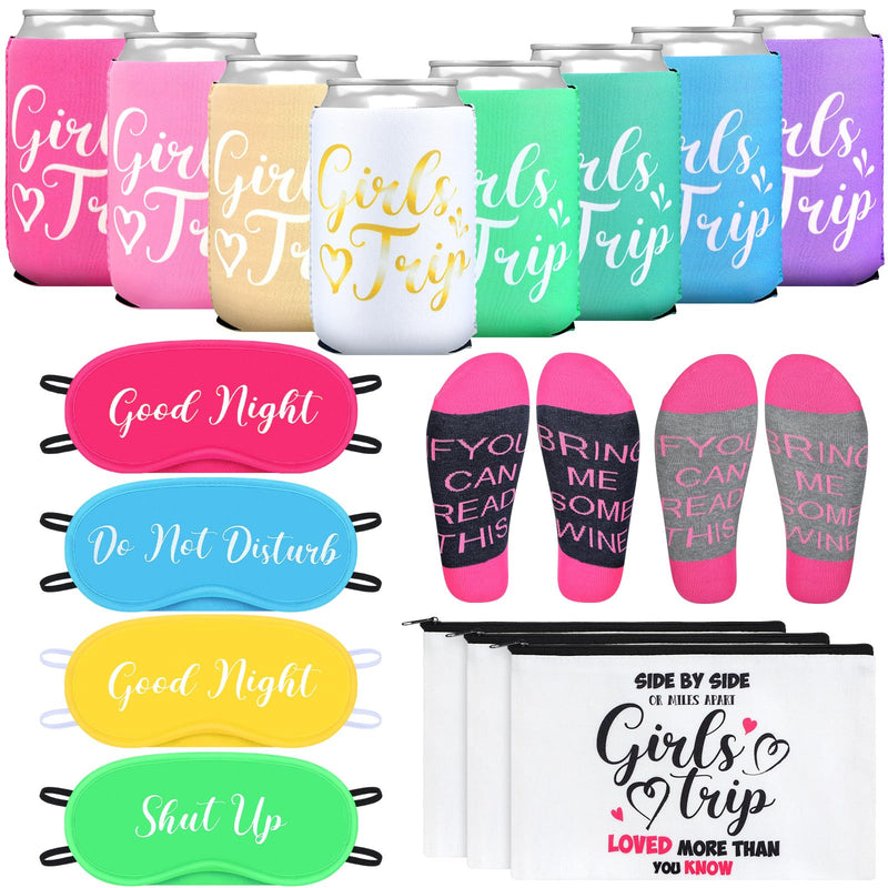 Tisancy 32 Pcs Girls Trip Gifts Favors Set Girl Weekend Party | Complete Girls Trip Gift with Eye Mask, Can Sleeves, Socks, Makeup Bags. Gifts for Women Bachelorette, Travel, Vacation Party