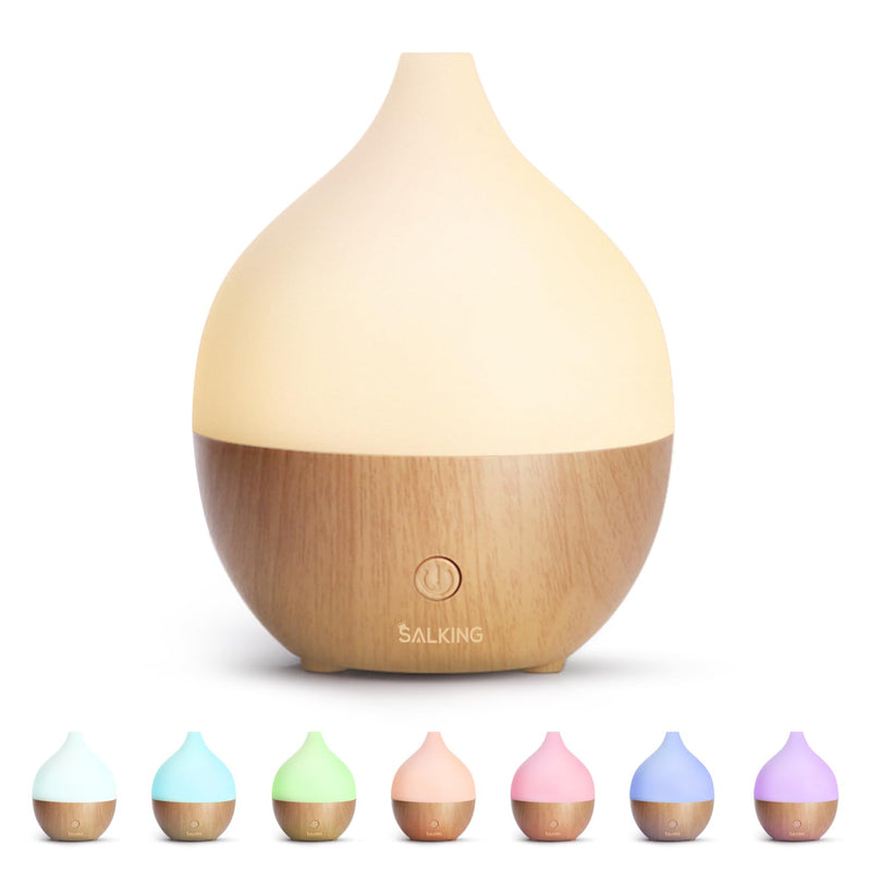 [Australia] - SALKING Essential Oil Diffuser, 100ml Small Aromatherapy Diffuser with Auto Shut-Off Function, Ultrasonic Diffusers for Essential Oils, Cool Mist Humidifier with Warm White Lights, for Office Home White + Wooden Grain 