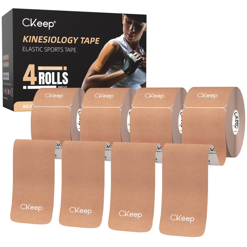 [Australia] - 4 Rolls Kinesiology Tape, Original Cotton Elastic Athletic Tape, 20 Precut 10" Strips Each, Beige, Ideal for Muscle Support & Injury Prevention 