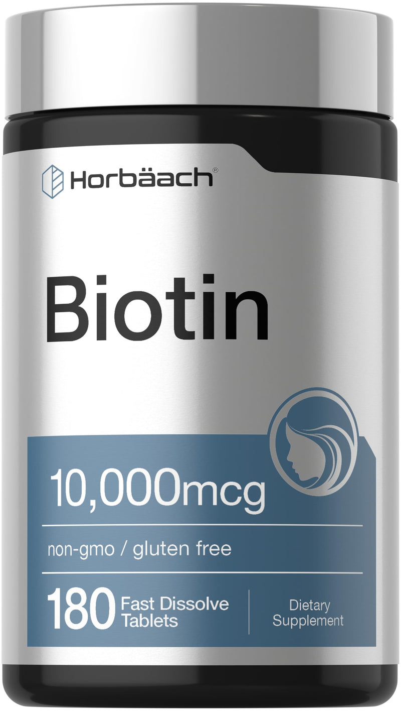 Horbäach Biotin 10000mcg | 180 Fast Dissolve Tablets | for Women & Men | Beauty Supplement | Vegetarian, Non-GMO, Gluten Free