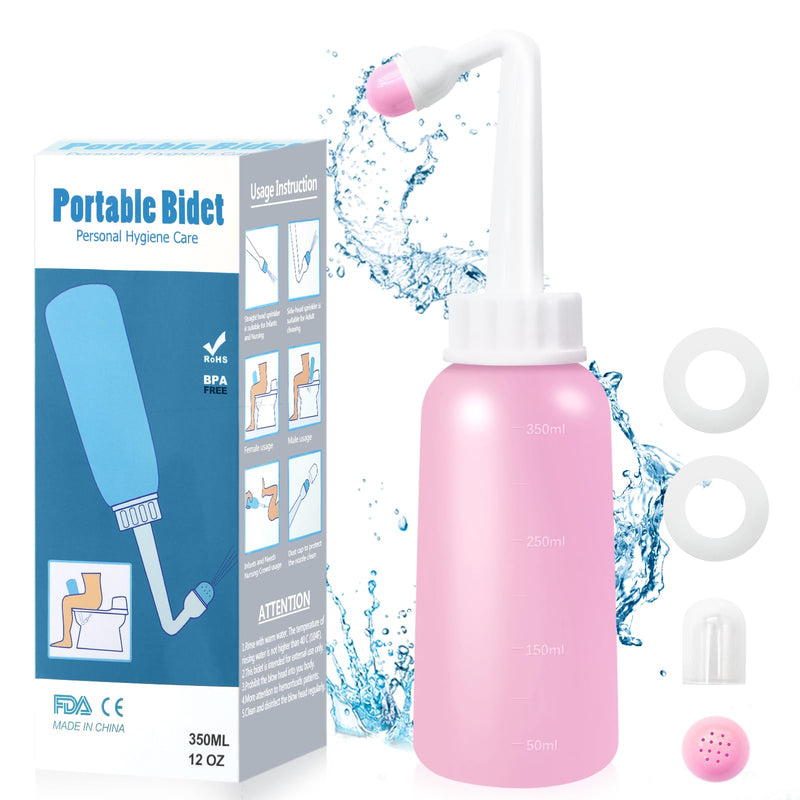[Australia] - RUFCRIL Mini Peri Bottle, 350ml Portable Travel Bidet with Extra Ring and Carry Bag, TPE Material for High Temperature Resistance, Essentials for Postpartum Perineal Care,Hemorrhoid Treatment, Pink 