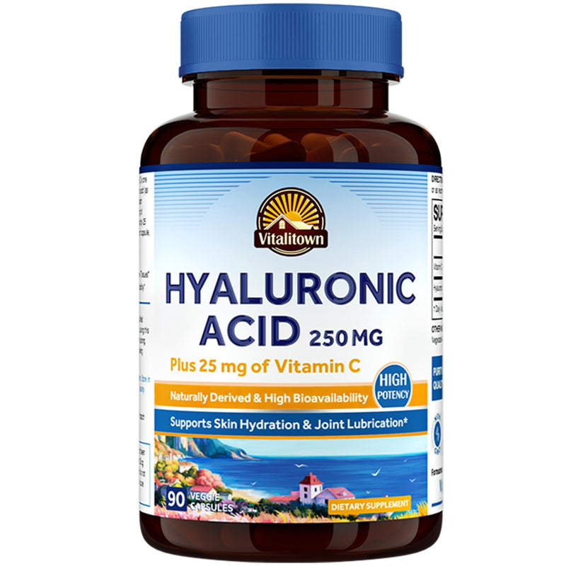 [Australia] - VITALITOWN Hyaluronic Acid 250 mg, plus 25 mg Vitamin C, Naturally Derived & High Bioavailability, Skin Hydration & Joint Lubrication, 90 Vegan Capsules, 3 Month Supply 