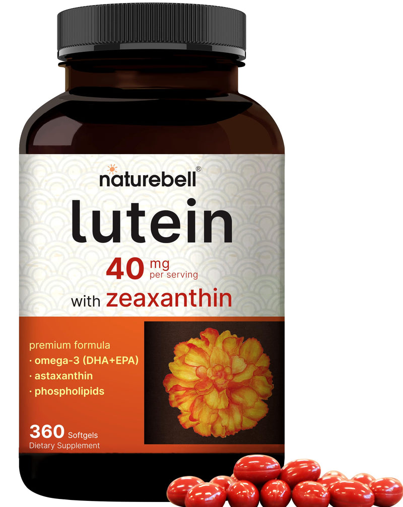 [Australia] - Lutein 40mg and Zeaxanthin 1,600mcg Per Serving, 360 Softgels | 4 in 1 with Omega-3s, Astaxanthin, & Phospholipids – Marigold Flower Extract – Eye Antioxidant Vitamins – Non-GMO 