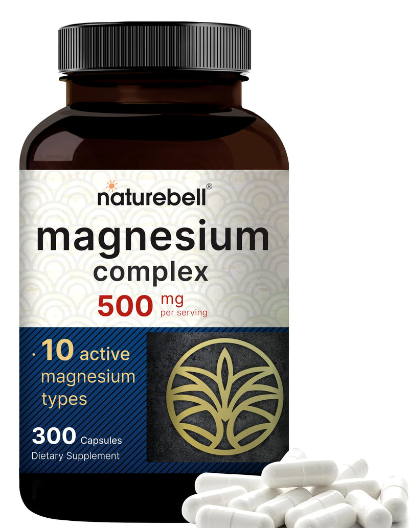 [Australia] - NatureBell Magnesium Complex Supplement 500mg, 300 Capsules | 10 Active Forms – Glycinate, Citrate, Taurate, Plus More | 100% Chelated & Purified | Bone, Heart, & Muscle Support | Non-GMO Magnesium Complex 500mg 300 Count (Pack of 1) 