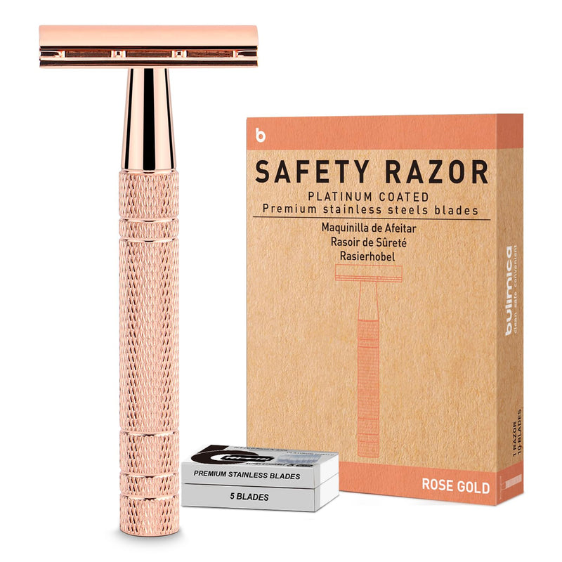 [Australia] - Double Edge Safety Razor, Single Blade Razors for Women, with 10 Platinum Coated Safety Razor Blades, Reusable Metal Face Razors for Men, Sustainable Safety Shaving Razor, No Plastic, Rose Gold Rose Gold Razor 