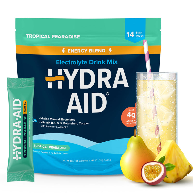 Hydration Energy Powder Drink Mix | Marine-Mineral Electrolytes, Vitamins B C D, Low Sodium | 14 Stick Packs - Tropical Pearadise | Vegan, Non-GMO, Gluten Free 4.76 Ounce (Pack of 1)