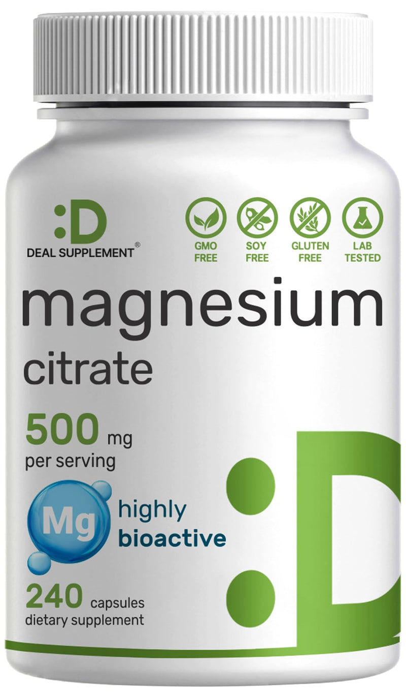[Australia] - DEAL SUPPLEMENT Magnesium Citrate 500mg, 240 Capsules | Easily Absorbed, Purified Trace Mineral – Muscle, Heart, & Digestive Support – One a Day, Non-GMO 