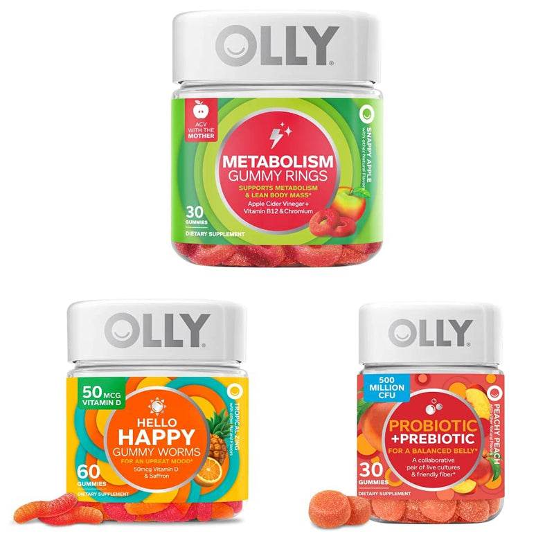 OLLY Metabolism Gummy Rings, Apple Cider Vinegar, Vitamin B12, Chromium, Energy and Digestive Health, Chewable Supplement, Apple Flavor - 30 Count and OLLY Hello Happy Gummy Worms, Mood Balance Support, Vitamin D, Saffron, Adult Chewable Supplement, Tr...