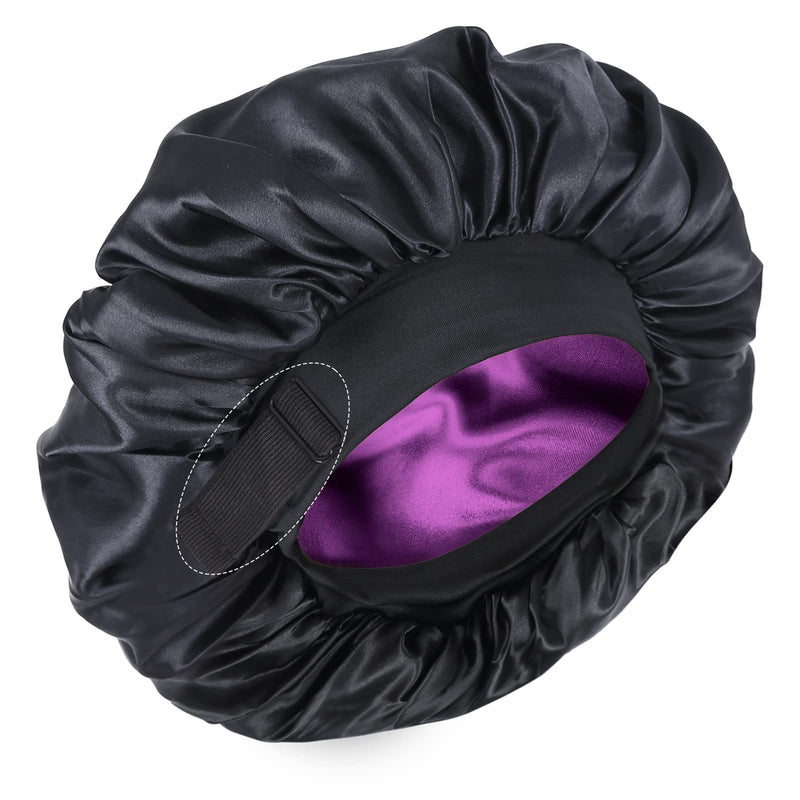 [Australia] - Silk Bonnet for Sleeping Double Layer Satin Bonnet Adjustable Bonnets for Black Women Sleep Cap Reversible Hair Bonnet for Curly Hair (Black and Purple) Black and Purple 