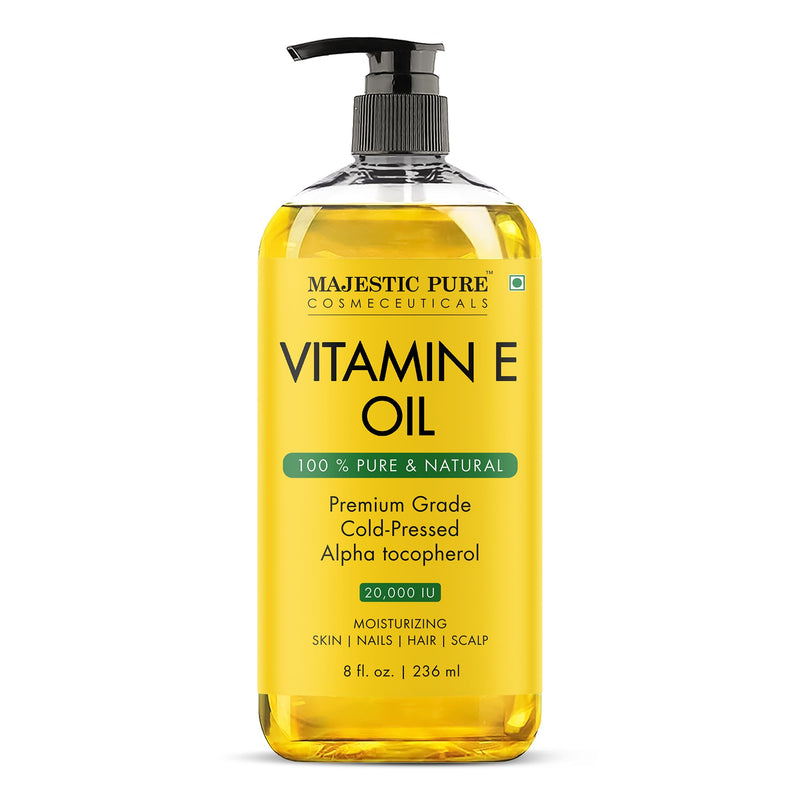 Majestic Pure Vitamin E Oil 100% Pure & Natural Body Oil - 8 Fl Oz | Cold Pressed & Hexane Free Carrier Oil for Moisturizing Dry Skin,Scars, Hair, Eyelashes, Eyebrows, Body, Face, Nails & Scalp 8 Fl Oz (Pack of 1)