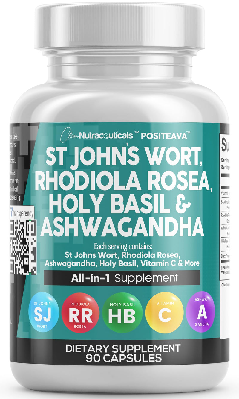 [Australia] - Clean Nutraceuticals St Johns Wort 10000mg Rhodiola Rosea 20000mg Holy Basil 3000mg Ashwagandha 6000mg - Mood Support for Women and Men with Vitamin C & Black Pepper Extract - 90 Caps 
