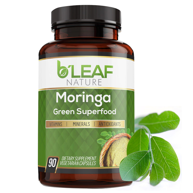 B'LEAF NATURE Moringa Leaf Vegan Capsules 1000mg Servings, 90 Count | Pure Moringa Oleifera Leaf Powder, Energy & Immune Support, Non-GMO Gluten Free Vegan, Superfood 90 Count (Pack of 1)