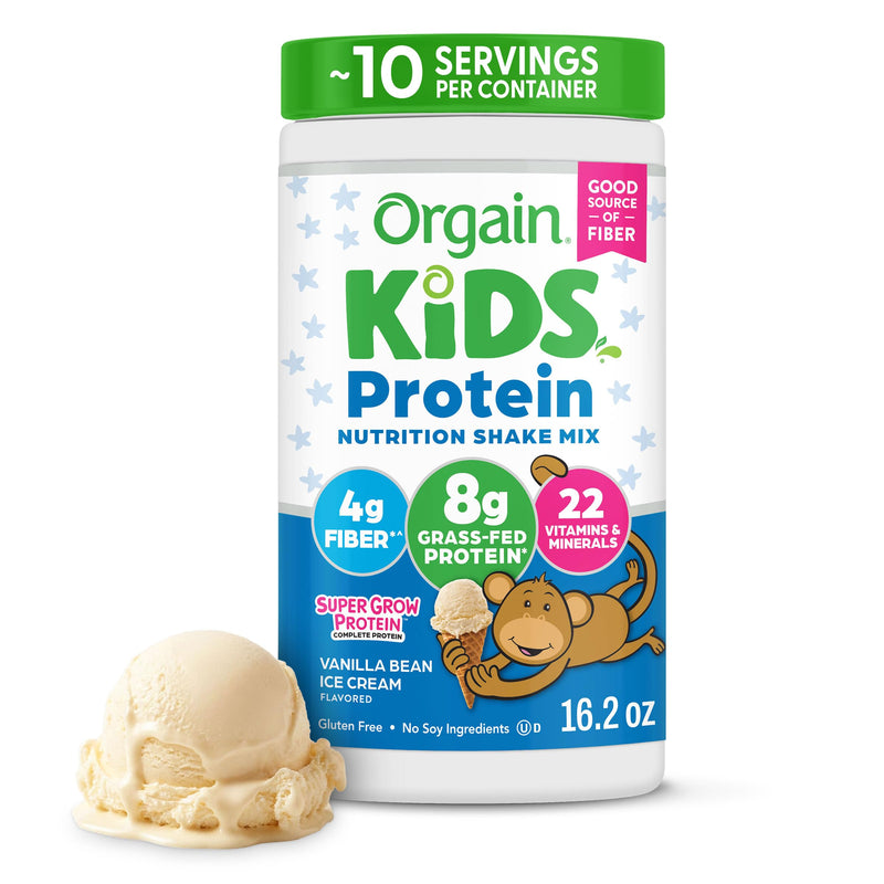 Orgain Kids 8g Grass-Fed Dairy Protein Powder, Vanilla Bean Ice Cream, 1lb | Powder shake mix, 4g fiber, 22 vitamins & minerals, gluten free, no soy, adds nutritents to snacks, for shakes & smoothies 15.9 Ounce (Pack of 1)