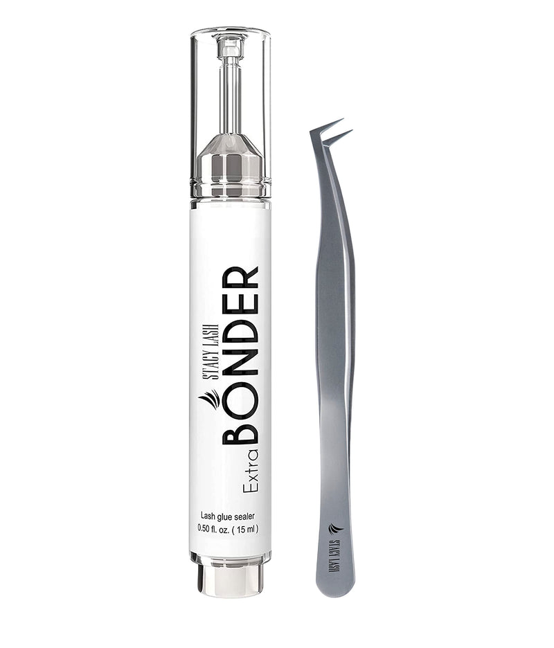 Extra Bonder & Stacy Lash STL-6 Volume L-Shaped Tweezers/Super Sealer/Prevents Adhesive Shock Polymerization/Precision Stainless Steel Tool/Angled Tips/Professional Supplies