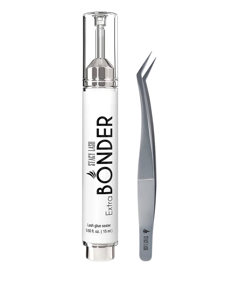 Extra Bonder & Stacy Lash STL-12 Curved L-Shaped Tweezers/Super Sealer/Prevents Adhesive Shock Polymerization/Precision Stainless Steel Tool/Angled Tips/Professional Supplies