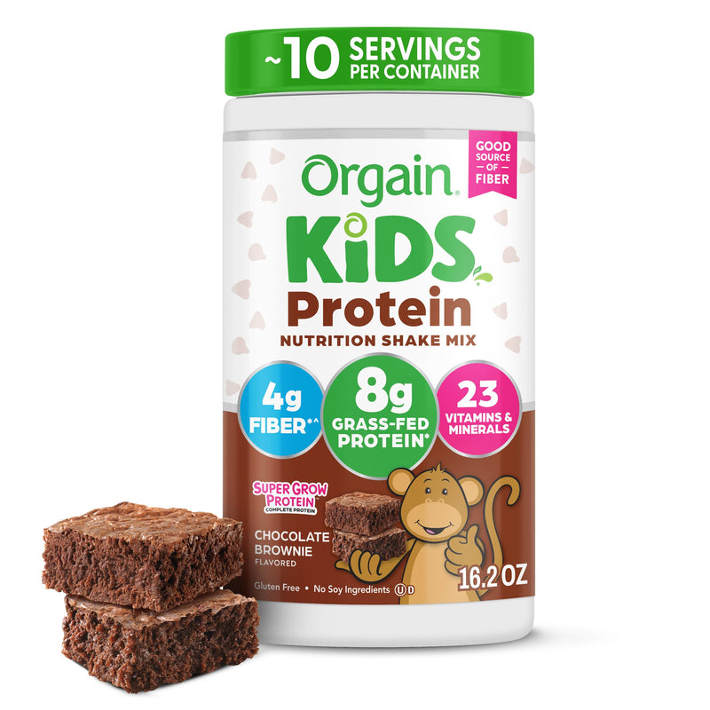 Orgain Kids 8g Grass-Fed Dairy Protein Powder, Chocolate Brownie, 1lb | Powder shake mix, 4g fiber, 23 vitamins & minerals, gluten free, no soy, adds nutritents to snacks, for shakes & smoothies 1.01 Pound (Pack of 1)