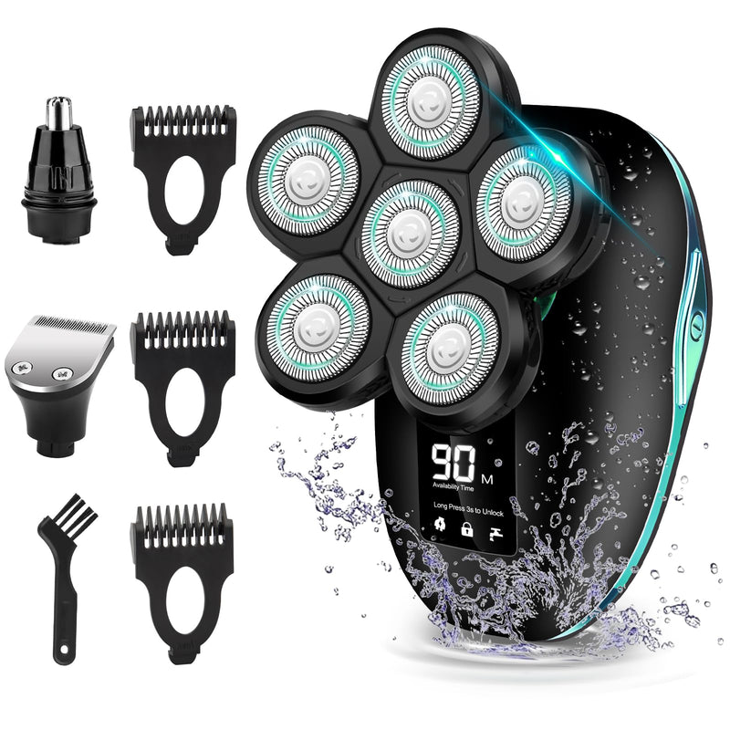 [Australia] - Head Shaver, Upgrade 6 in 1 Electric Head Shaver for Bald Men, IPX7 Waterproof Cordless Rotary Razor with LED Display, Face Head Shaver with Nose Hair Sideburns Trimmer Blue 