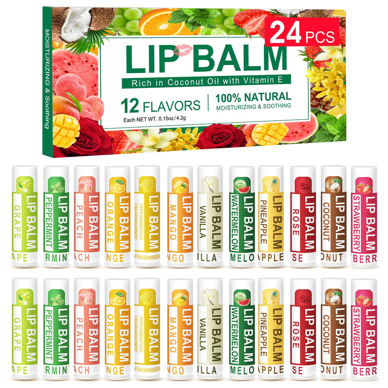 DMSKY 24 Pack Lip Balm Bulk, 12 Flavors, Natural | Hydrates with Vitamin E & Beeswax, Moisturizing Lip Care for Dry Chapped Lips B-24P