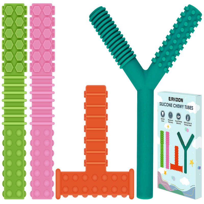 [Australia] - ERKOON Sensory Chew Toys for Autistic Children, 4 Pack Silicone Chewy Tube Oral Motor Tools for Sensory Kids with Autism, Biting, ADHD, SPD, Chewies with Special Needs, Teething Sticks Toys (4 Pack#1) Pink, Light Green, Green, Orange 