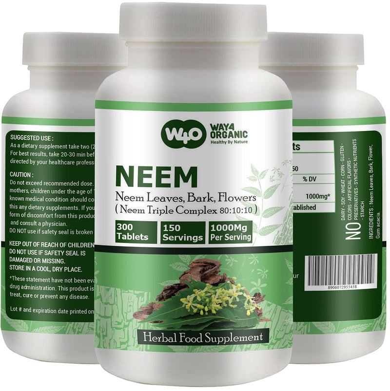 [Australia] - Neem Triple Complex - High-Potency Azadirachta Indica Tablets, Neem Leaves, Bark, Flowers in Ratio (80:10:10) - 300 Tablets, 150 Serving, 1000 Mg (1 Pack) 1 