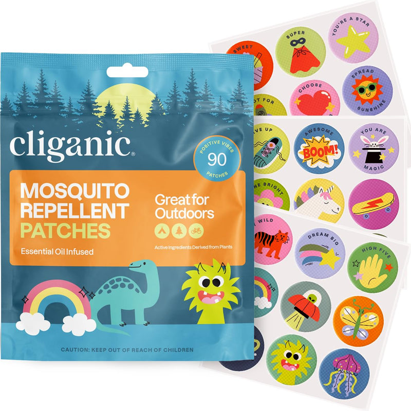 [Australia] - Cliganic Mosquito Repellent Stickers (90 Pack) - Positive Vibes Patches for Kids, Natural DEET-Free, Essential Oil Infused 90 Count (Pack of 1) 