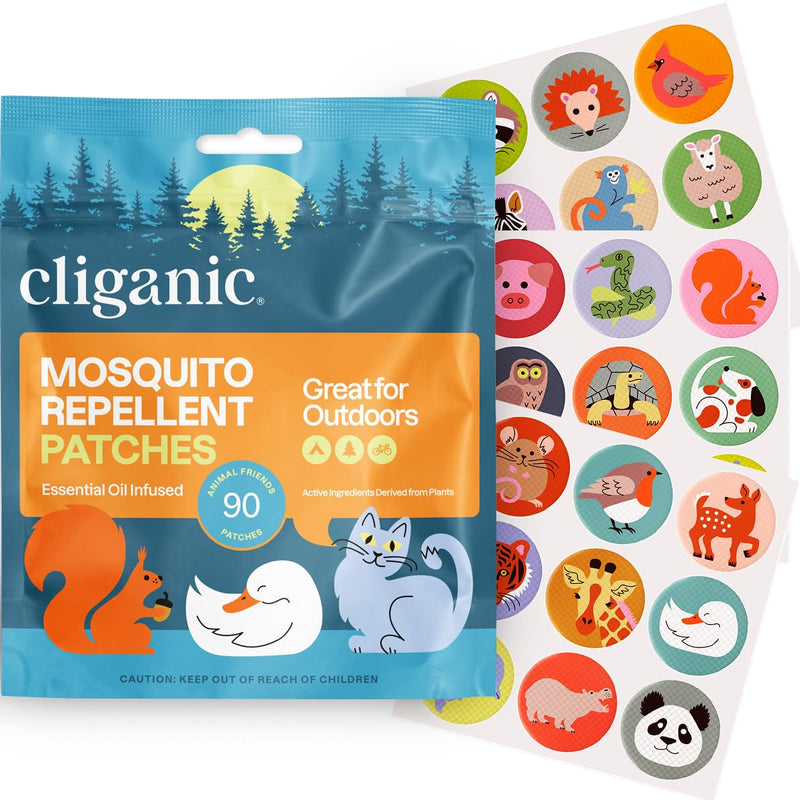 [Australia] - Cliganic Mosquito Repellent Stickers (90 Pack) - Animal Patches for Kids, Natural DEET-Free, Essential Oil Infused 90 Count (Pack of 1) 