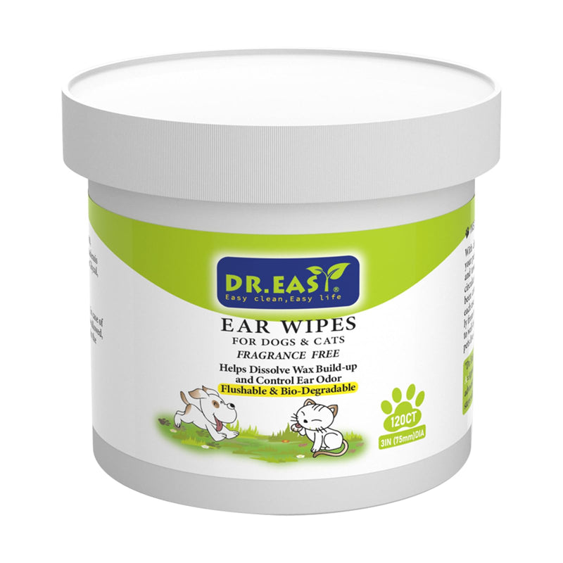 Dr.Easy Pet Ear Grooming Wipes 120ct for Dogs &Cats Fragrance Free,Helps Dissolve Wax Build-Up and Control Ear Odor,flushable & Compostable,Stop Ear Itching Natural Cleansing (120ct) - PawsPlanet Australia