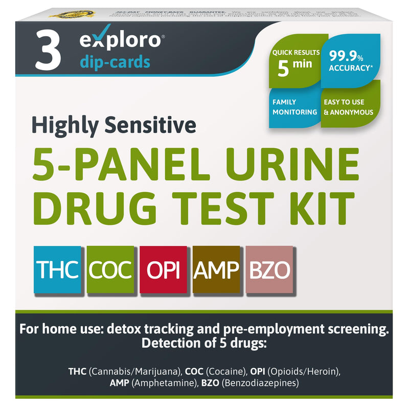 [Australia] - Exploro 5 Panel Drug Test Kit ‚Äì at Home Urine Drug Test for THC, Cocaine, Opiates, Amphetamines & Benzodiazepines ‚Äì Rapid & Accurate & Easy at Home Drug Testing Strips (Pack of 3) 3 Count (Pack of 1) 