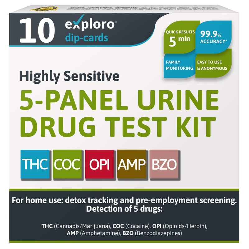 [Australia] - Exploro 5 Panel Drug Test Kit – at Home Urine Drug Test for THC, Cocaine, Opiates, Amphetamines & Benzodiazepines – Rapid & Accurate & Easy at Home Drug Testing Strips (Pack of 10) 10 Count (Pack of 1) 