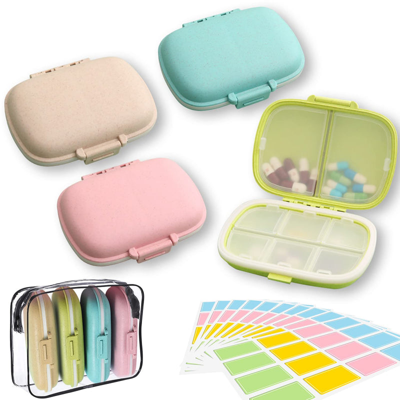 4 Pack Travel Pill Organizer,8 Compartments Weekly Pill Box Moisture Proof Small Pill Case for Pocket Purse Daily Portable Medicine Vitamin Holder Container（Blue+Green+Khaki+Pink） B
