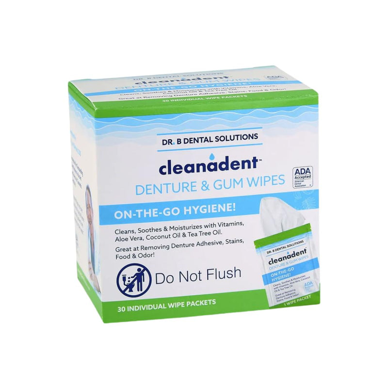 [Australia] - Dr. B Dental Solutions Cleanadent Dental Wipes, Denture Cleaner Removes Adhesives, Food, Stains, and Odor 30 Count Pack of 2 60 Count (Pack of 2) 