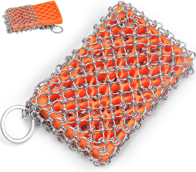 [Australia] - [Dual-use] Cast Iron Scrubber Cleaner-Stainless Steel Chain Mail | Silicone Support Chainmail Scrubber-Detachable Cast Iron Pan Pot Skillet Griddle Cleaning Kit-Scrubbing Pad to Clean Dutch Oven, Wok 316L Chain Mail Wrap+ Orange Silione pad 