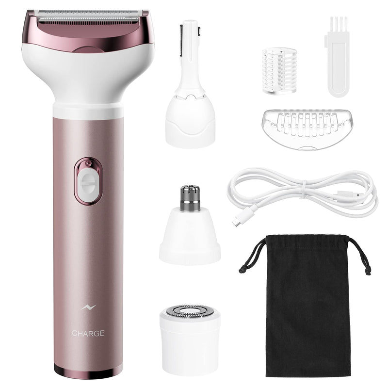 [Australia] - Womens Electric Razor, 4 in 1 Face Shaver for Women, Facial Hair Remover for Women, Electric Women Bikini Trimmers for Legs, Travel Razor for Eyebrow Ear Nose Hair Lip Beard Armpit, Rose Gold 
