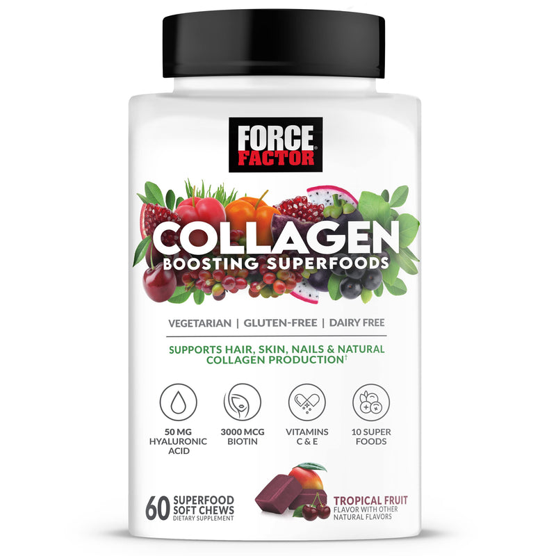 [Australia] - Force Factor Collagen Boosting Superfoods with Biotin, Hyaluronic Acid, Bamboo, and Hair, Skin, and Nails Vitamins, Nail Strengthener and Skin Supplement, Tropical Fruit Flavor, 60 Soft Chews 1 Pack 
