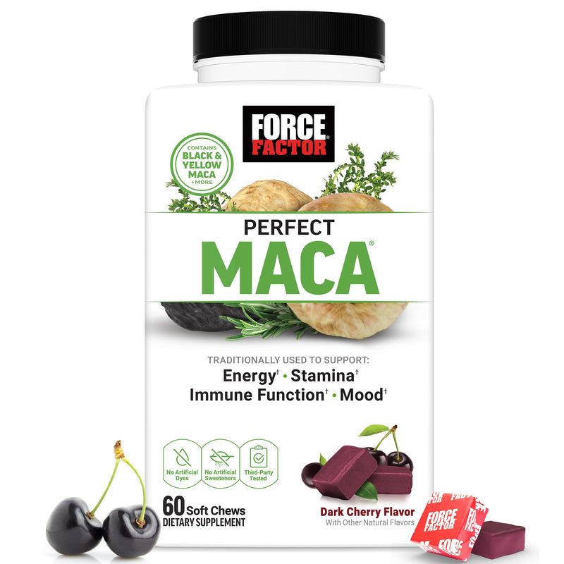 Force Factor Perfect Maca, Maca Root & DIM Supplement with Saffron | Boost Energy and Mood, with Yellow and Black Maca, Vitamins, Minerals, and Antioxidants, Dark Cherry Flavor, 60 Soft Chews 60 Count (Pack of 1) Herbal Supplement