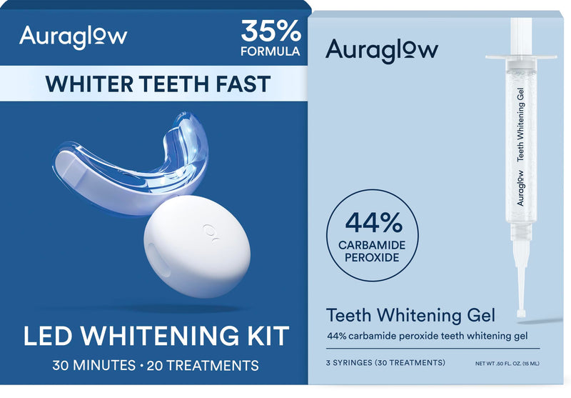 Auraglow Teeth Whitening Kit with LED Light & Extra Strength 44% Carbamide Peroxide Teeth Whitening Gel Refill, 30+ Treatments, Whiten Up to 10 Shades