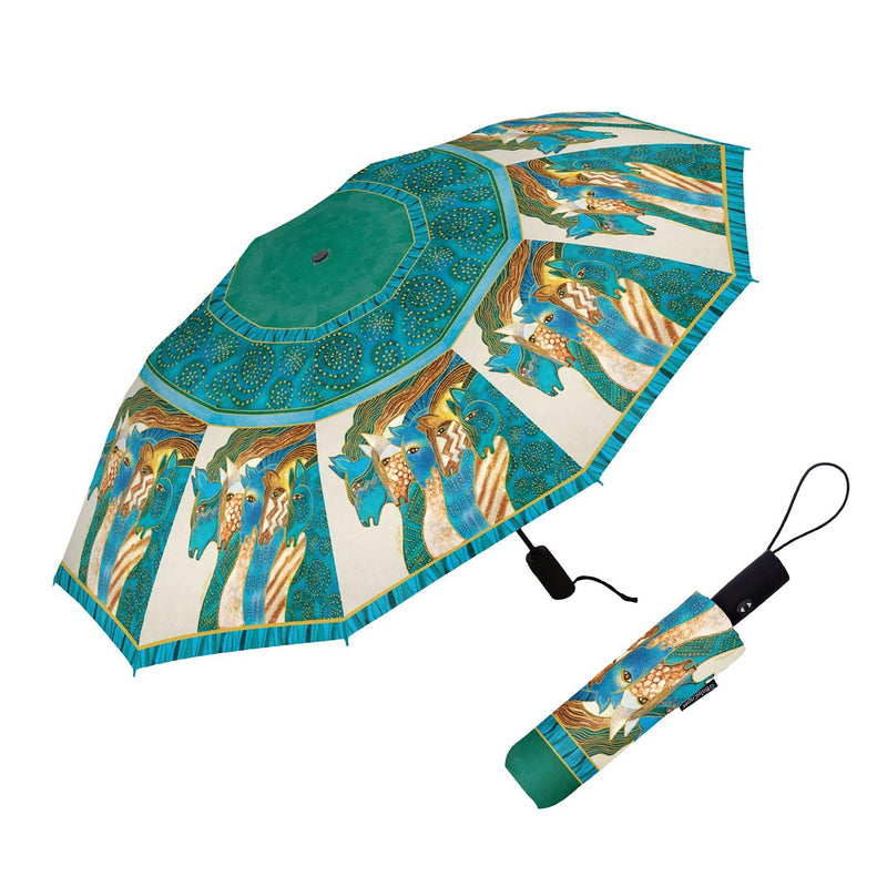Laurel Burch Windproof Auto Open Close 43” Coverage Folding Travel Umbrella with Matching Sleeve Laurel Burch Sky Mares