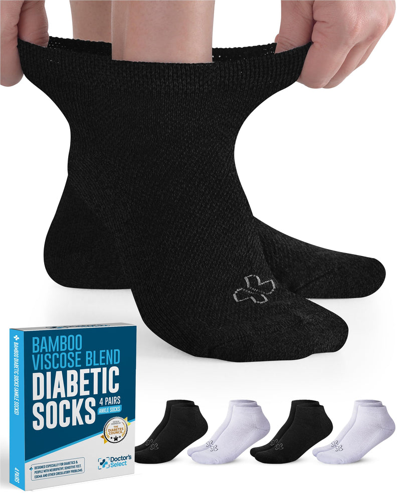 [Australia] - Doctor's Select Bamboo Viscose Ankle Diabetic Socks for Women & Men - 4 Pairs | Low Cut Moisture-Wicking Loose Fit Socks Large 2 Black, 2 White 
