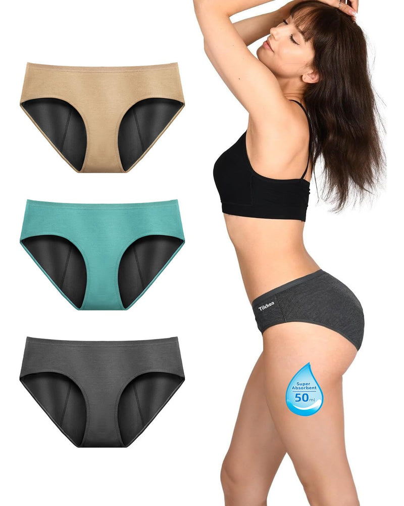 [Australia] - Period Underwear for Women Heavy Flow Soft Absorbent Period Panties Incontinence Leakproof Underwear Medium Turquoise/Beige/Charcoal Gray 