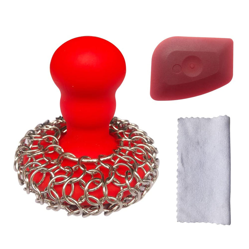 [Australia] - 316 Upgraded Chainmail Scrubber with Silicone Handle Cast Iron Cleaner for Cast Iron Grill Pan Skillet Wok Bakeware Ergonomic to Hold Easy to Use Dishwasher Safe, Scrubber + Scraper + Towel (Red) Red 