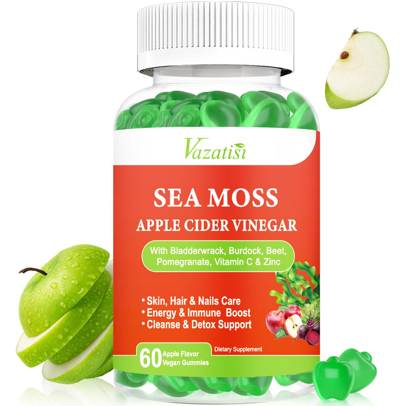 Apple Cider Vinegar Gummies with Sea Moss for Metabolism, Digestion, Detox, Gut & Immune Health, Apple Flavored - 60 Count 60 Count (Pack of 1)