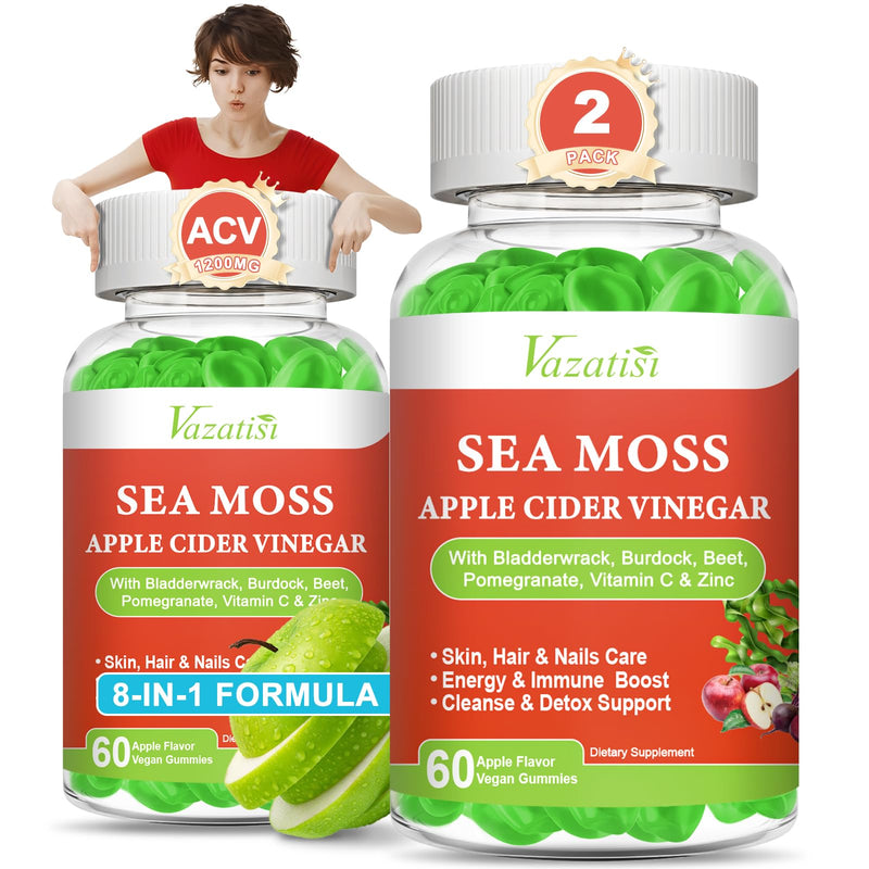 2 Pack Apple Cider Vinegar Gummies, ACV with Sea Moss Gummies for Metabolism, Digestion, Detox, Gut & Immune Health, Apple Flavored -120 Count 60 Count (Pack of 2)